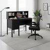 Black 48-inch computer desk with ergonomic mesh office chair, featuring storage drawers and integrated power outlets.