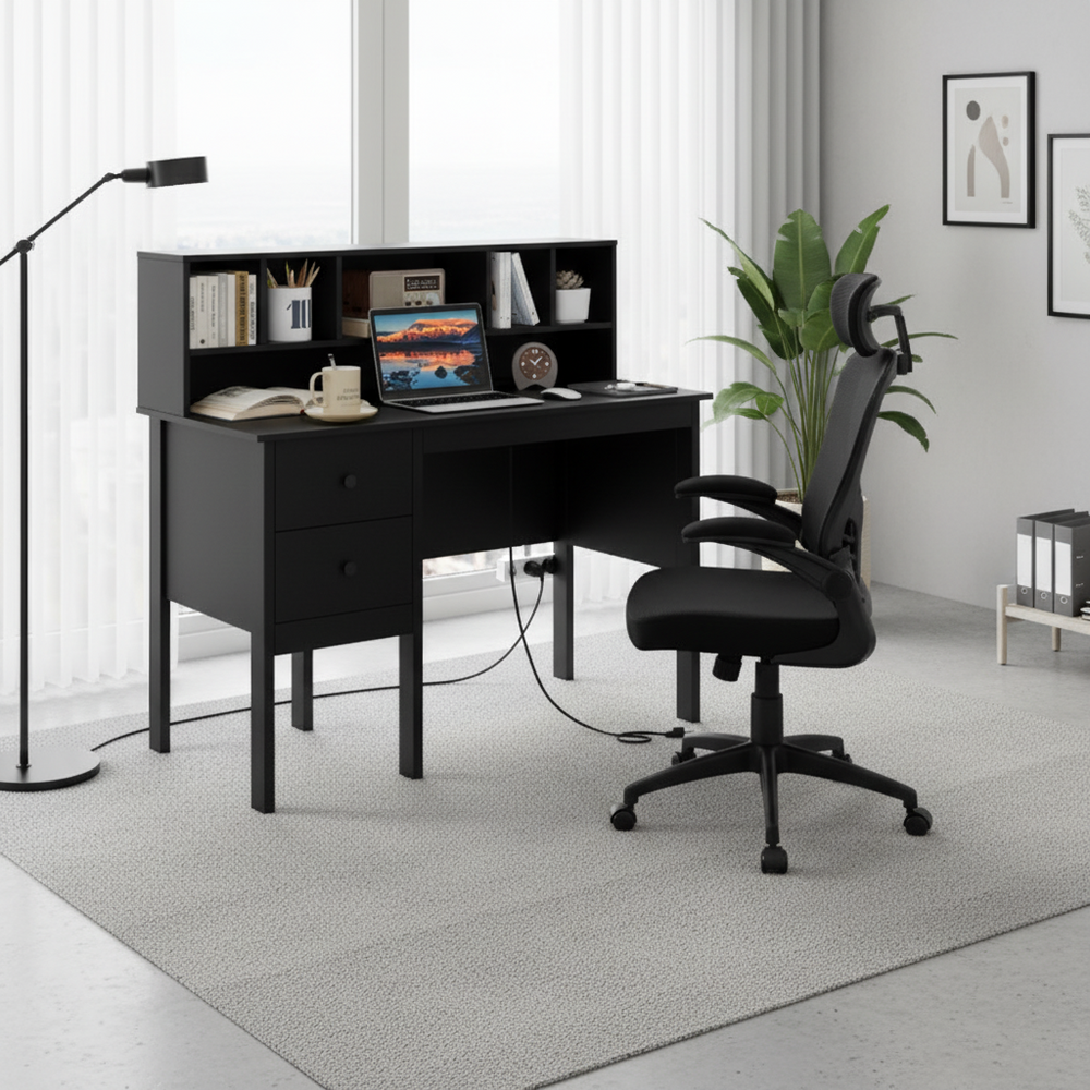 Black 48-inch computer desk with ergonomic mesh office chair, featuring storage drawers and integrated power outlets.
