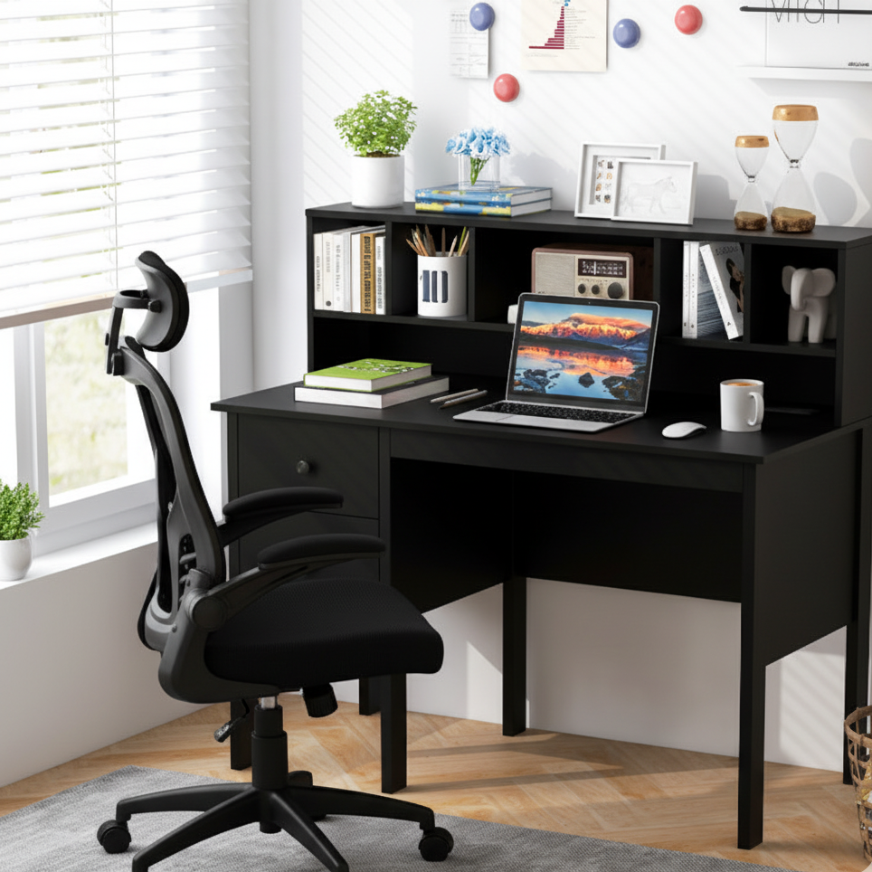 Black 48-inch computer desk with ergonomic mesh office chair, featuring ample storage and integrated power outlets.