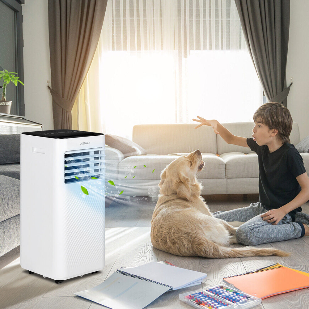Portable air conditioner in white with remote control, cooling a room quickly for comfort and convenience.