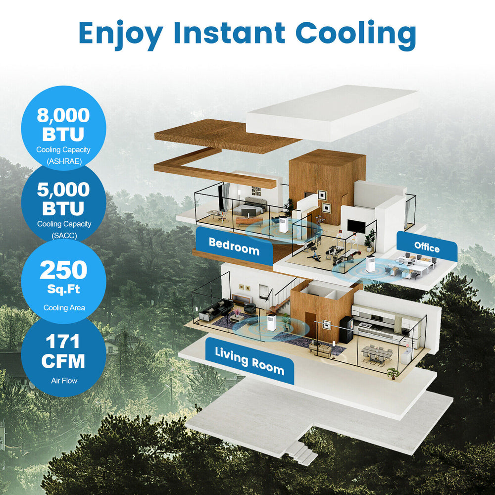 8000 BTU portable air conditioner in black, featuring remote control and sleep mode, ideal for quick room cooling.