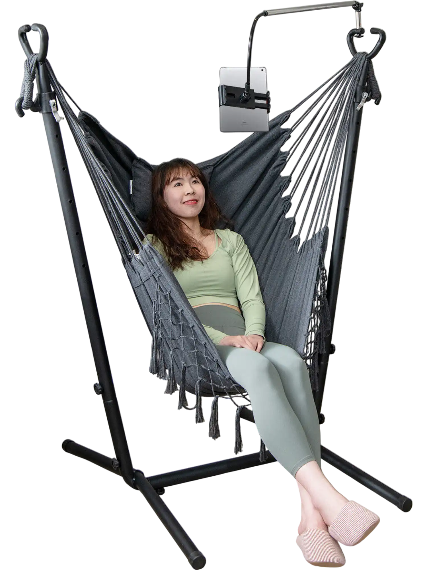 Costway Height Adjustable Hammock Chair w/ Phone Holder Side Pocket Gray 28916534 New