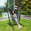 Height adjustable gray hammock chair with phone holder, side pocket, and cozy cotton material for outdoor relaxation.