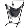 Height adjustable gray hammock chair with phone holder and side pocket, featuring a sturdy metal frame for indoor or.