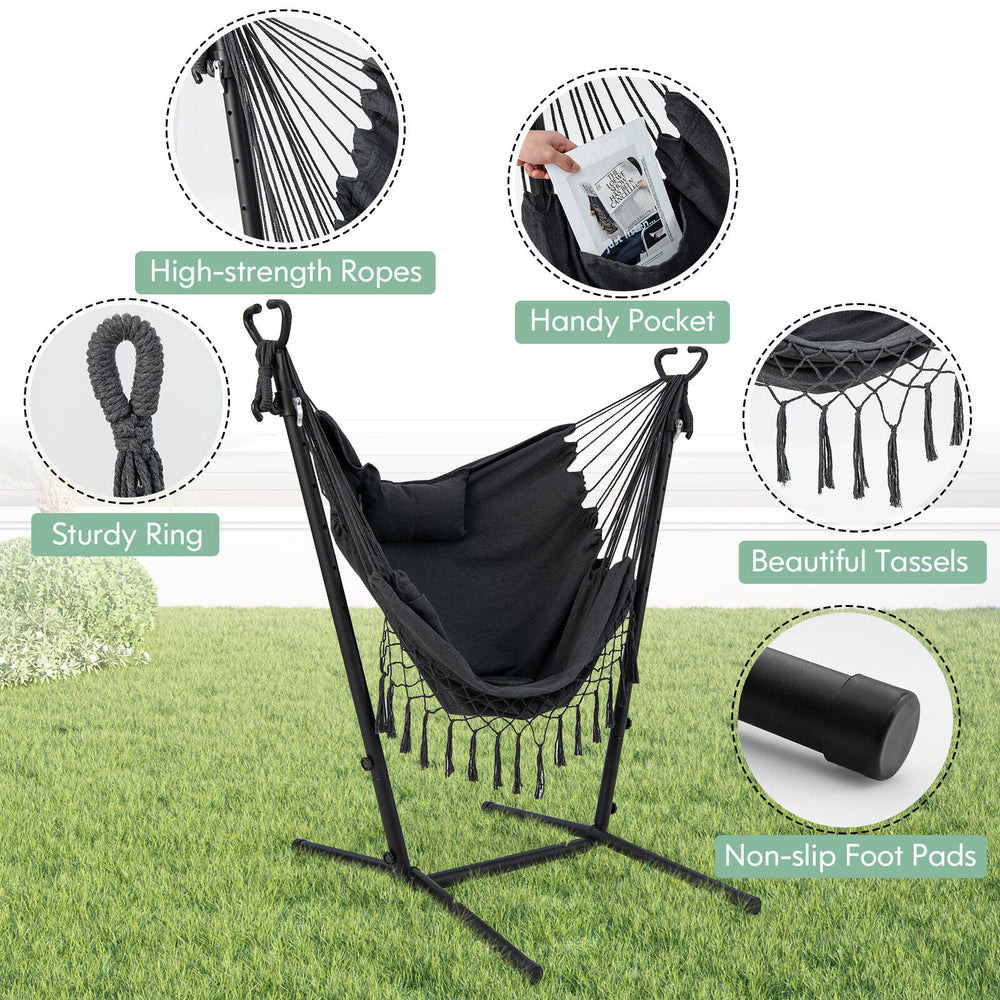 Height adjustable hammock chair in gray with side pocket, phone holder, and tassels for indoor and outdoor relaxation.