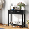 Narrow black console table with two drawers and open storage shelf, ideal for foyer or living room organization.