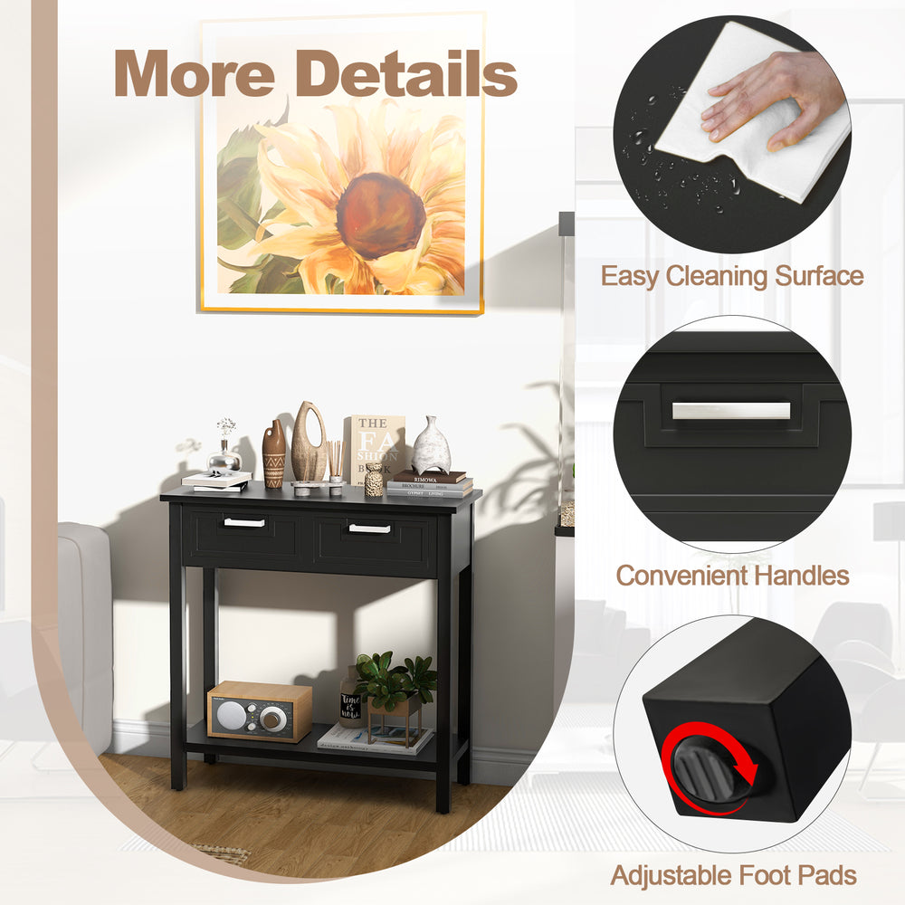 Narrow black console table with drawers and open shelf, featuring easy cleaning surface and adjustable foot pads.