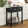 Narrow black console table with two drawers and open storage shelf, ideal for foyer or living room decor.