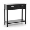 Narrow black console table with two drawers and open storage shelf, ideal for entryways and living rooms.