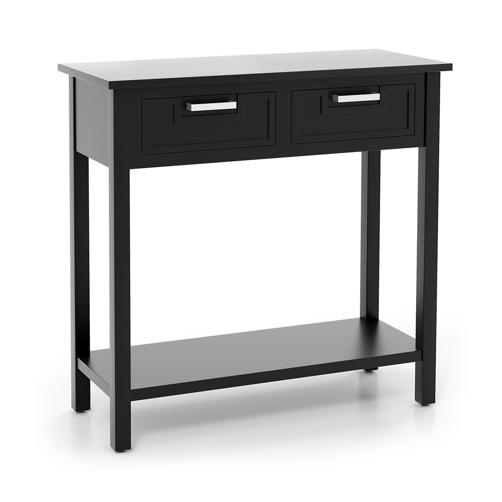 Narrow black console table with two drawers and open storage shelf, ideal for entryways and living rooms.