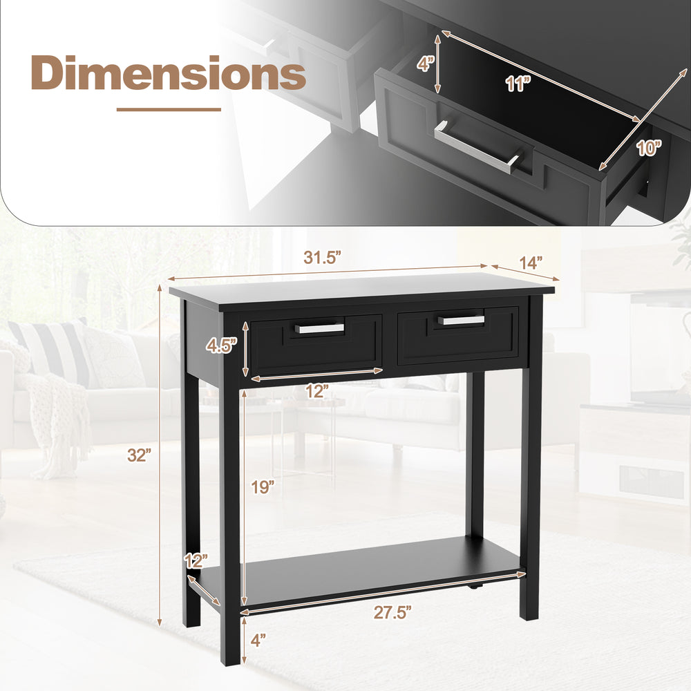 Narrow black console table with two drawers and open storage shelf, featuring dimensions for easy placement in any.