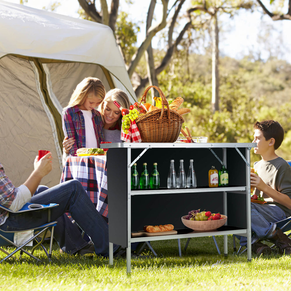 Folding Camping Table with 2-Tier Open Shelves for Outdoor BBQ-Black - Gallery View 1 of 10