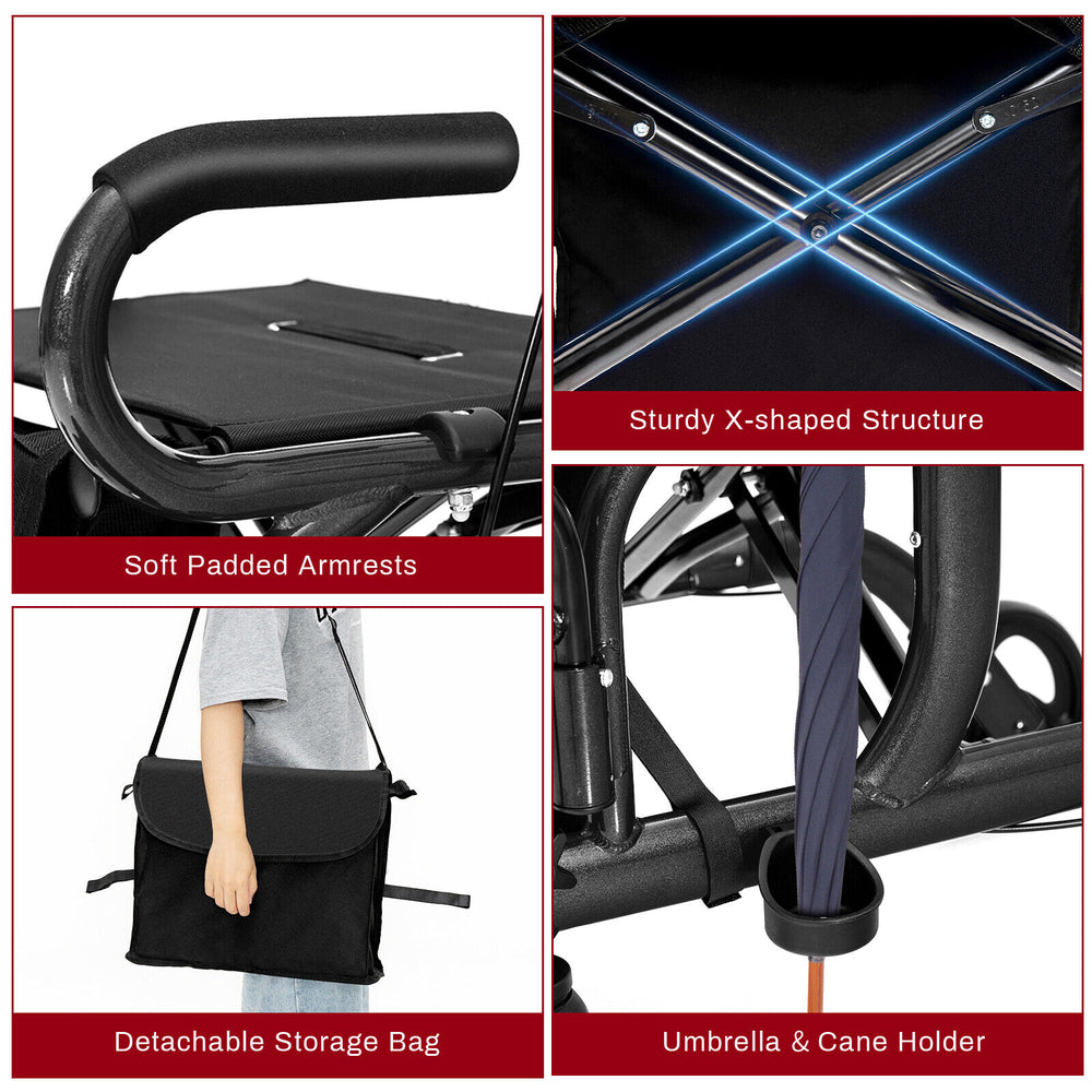 Close-up of the Folding Rollator Walker's padded armrest and sturdy X-shaped structure, designed for comfort and.
