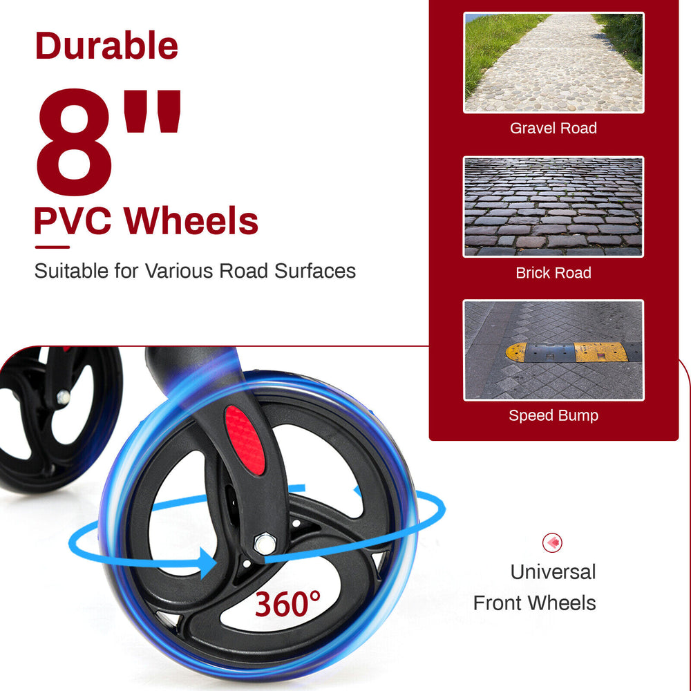 Close-up of 8-inch PVC wheels on a folding rollator walker, designed for smooth rides on various surfaces.