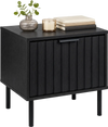 Black modern nightstand featuring a vertical-striped storage drawer and open shelf, perfect for compact bedside layouts.