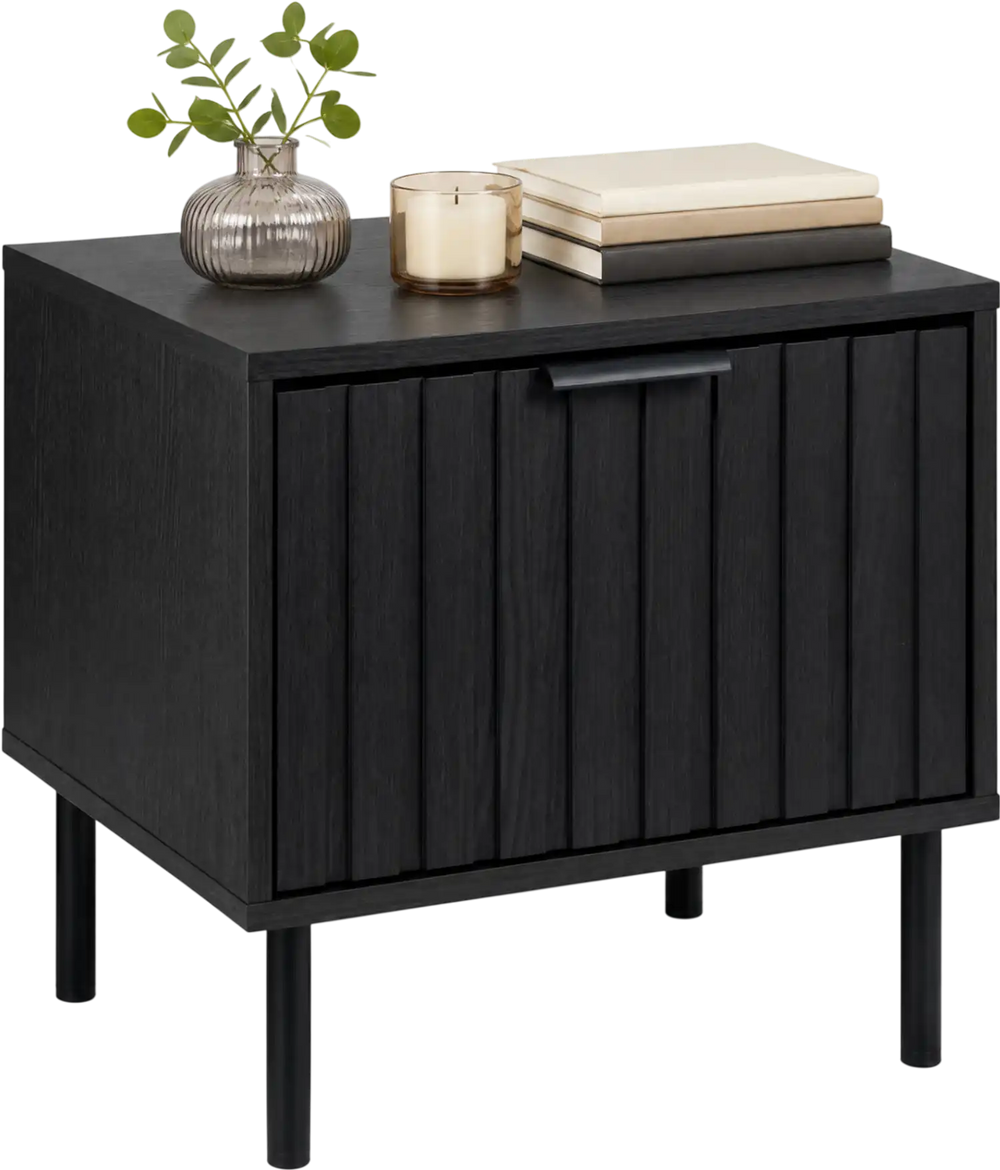 Black modern nightstand featuring a vertical-striped storage drawer and open shelf, perfect for compact bedside layouts.