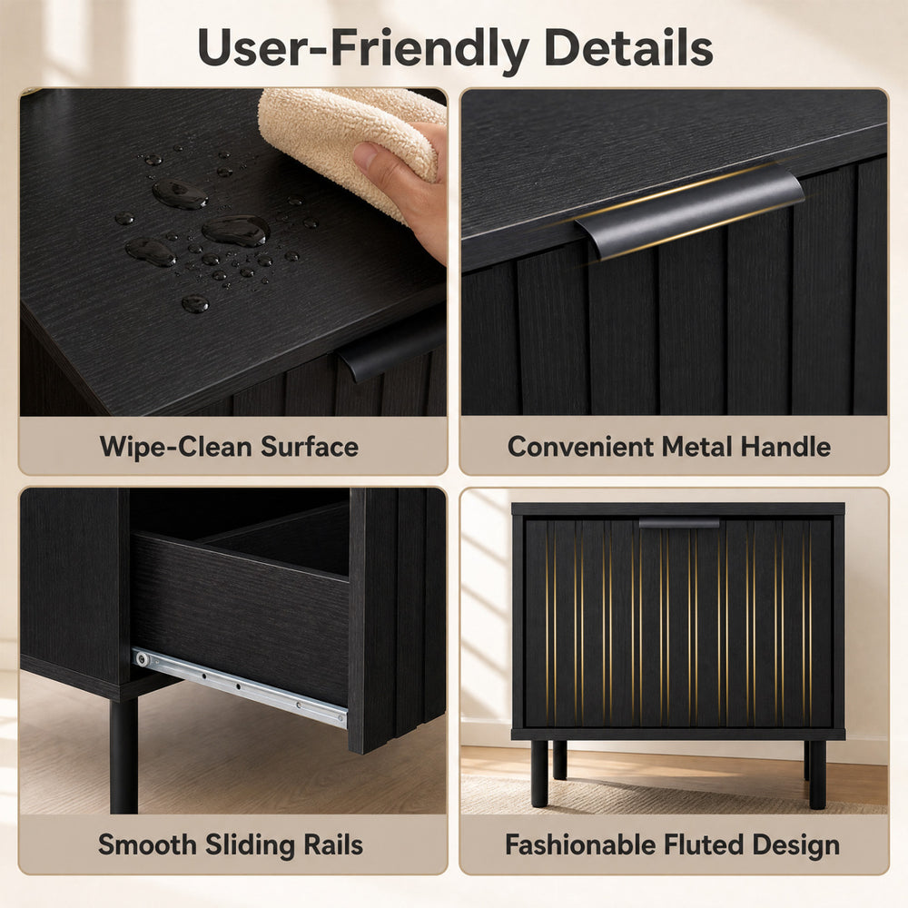 Black modern nightstand featuring a fluted design, wipe-clean surface, and smooth sliding drawer for convenient storage.