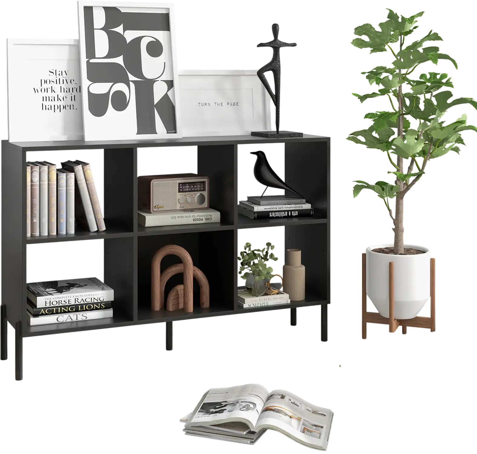 Costway Open-Back 10-Tier Bookshelf with Drawer Black 45179236 New