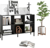 Open-back black bookshelf with 7 tiers and a drawer, ideal for study or office storage and easy maintenance.