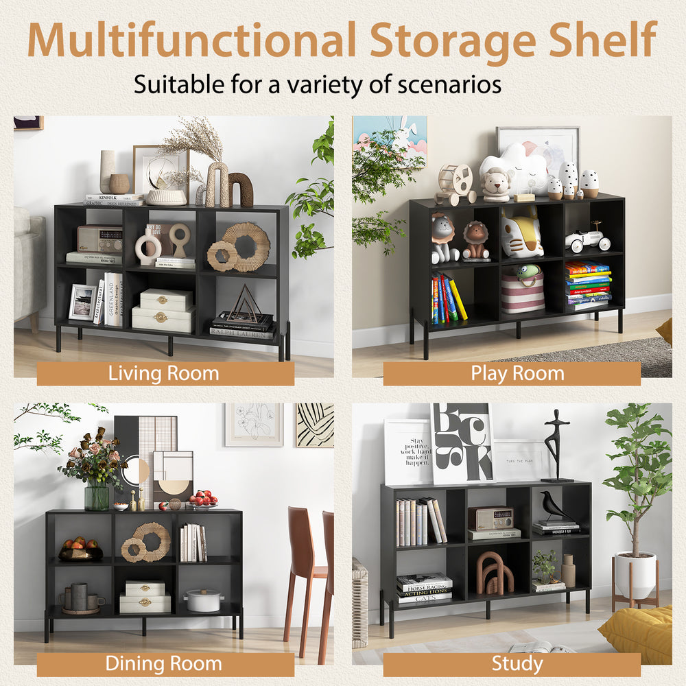Open-back bookshelf with drawer in black, featuring 7 tiers for ample storage, ideal for study or office use.