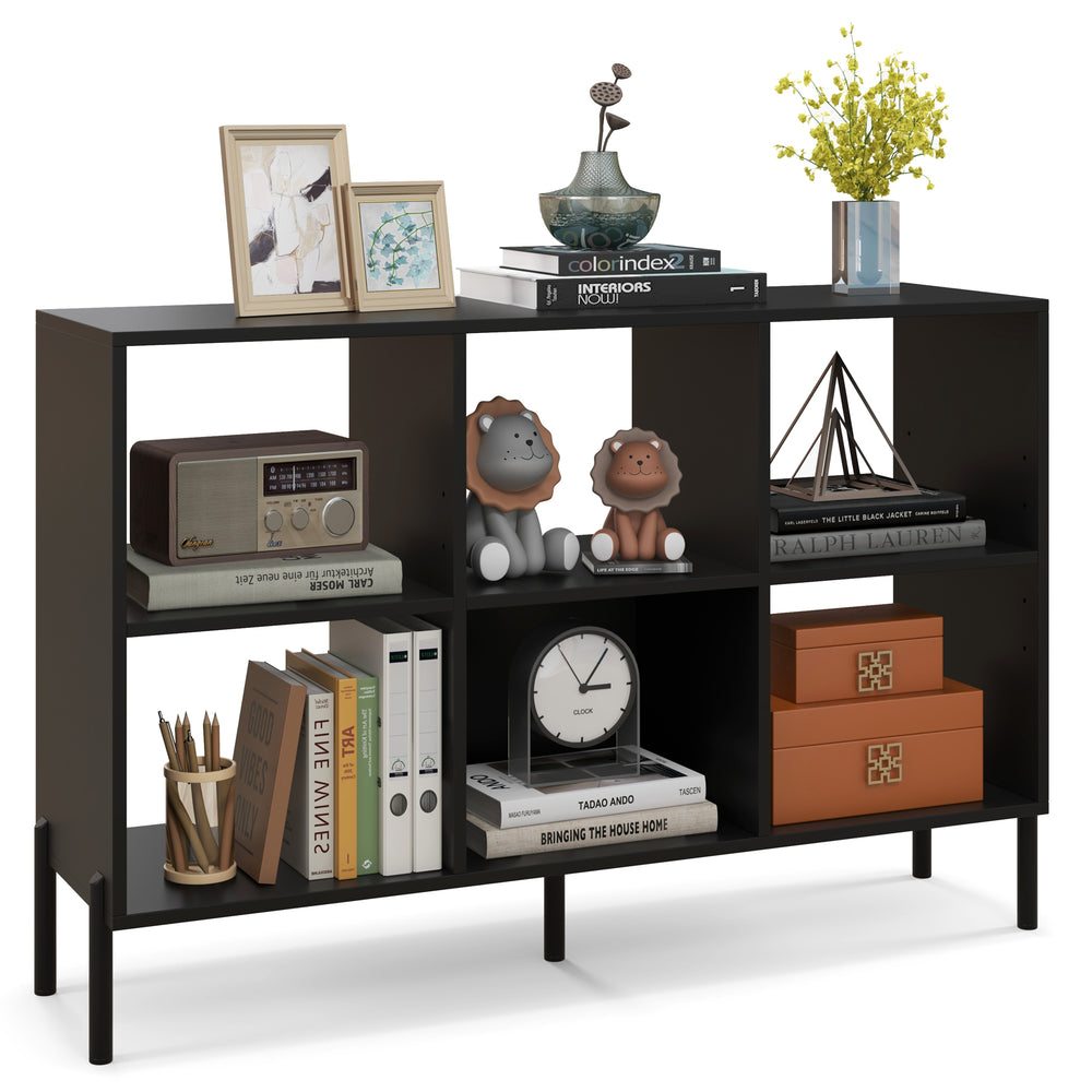 Open-back bookshelf in black with 7 shelves and a drawer, ideal for study or office storage and organization.