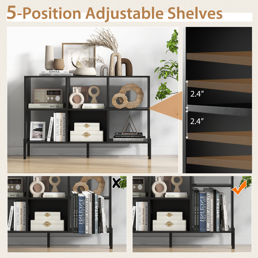 Open-back bookshelf with adjustable shelves and drawer, featuring a sleek black finish for study or office use.