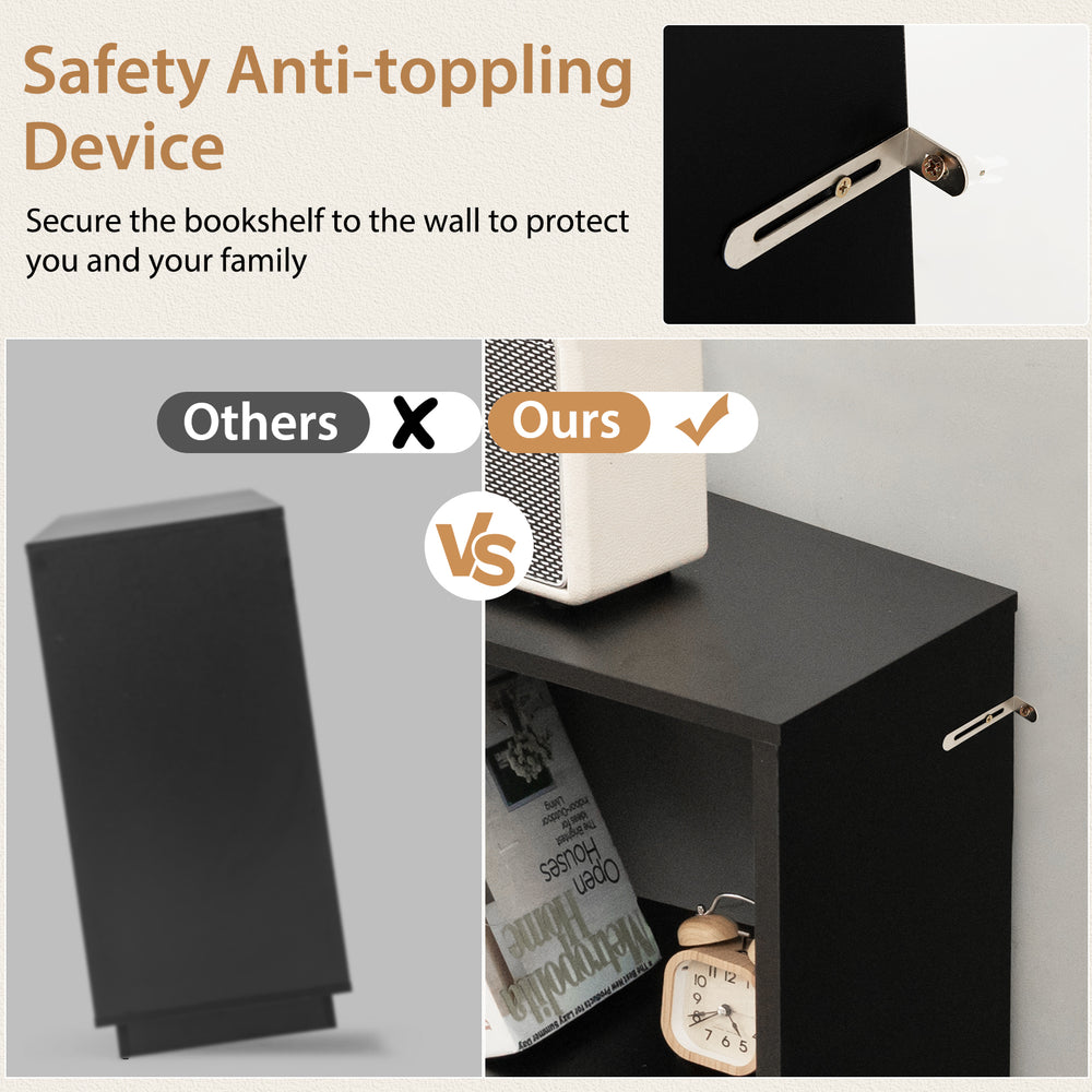 Open-back bookshelf with drawer in black, featuring anti-toppling device for safety and ample 7-tier storage space.