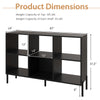 Open-back bookshelf in black with dimensions, featuring 7-tier shelves and a large storage drawer for versatile use.