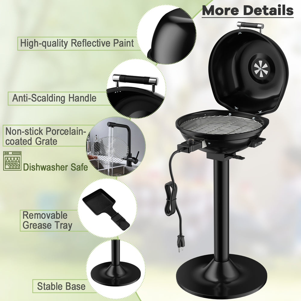 Portable electric BBQ grill with removable non-stick rack, 1600W, adjustable temperature, and sturdy base for outdoor.
