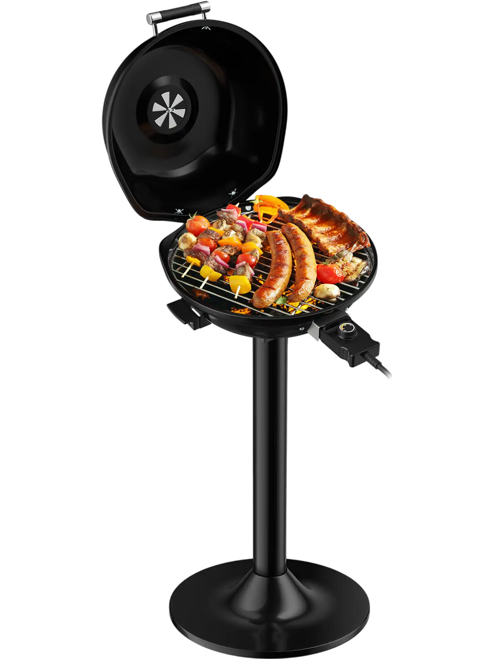 Portable electric BBQ grill with removable non-stick rack, 1600W, ideal for outdoor cooking and easy cleaning.