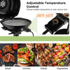 Portable electric BBQ grill with removable non-stick rack, adjustable temperature 200℉-425℉, ideal for outdoor cooking.