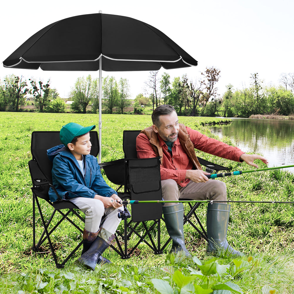 Portable Folding Picnic Double Chair With Umbrella-Black - Gallery View 1 of 10