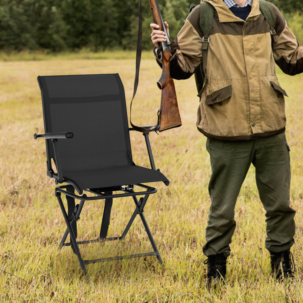 Foldable swivel patio chair with armrest and mesh back in black, ideal for outdoor hunting and comfortable seating.
