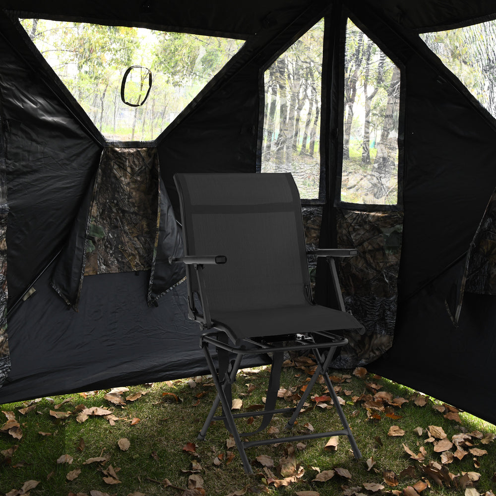 Foldable black swivel patio chair with armrest and mesh back, ideal for outdoor hunting and stable on any terrain.