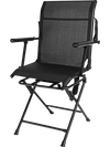 Foldable swivel patio chair in black with armrest and breathable mesh back, ideal for outdoor comfort and stability.