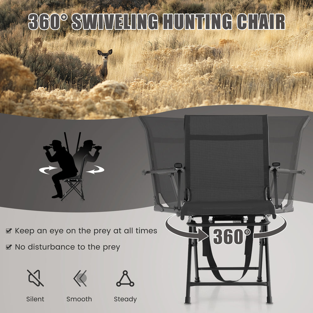 Foldable swivel hunting chair with armrest, 360-degree rotation, breathable mesh back, ideal for outdoor use.