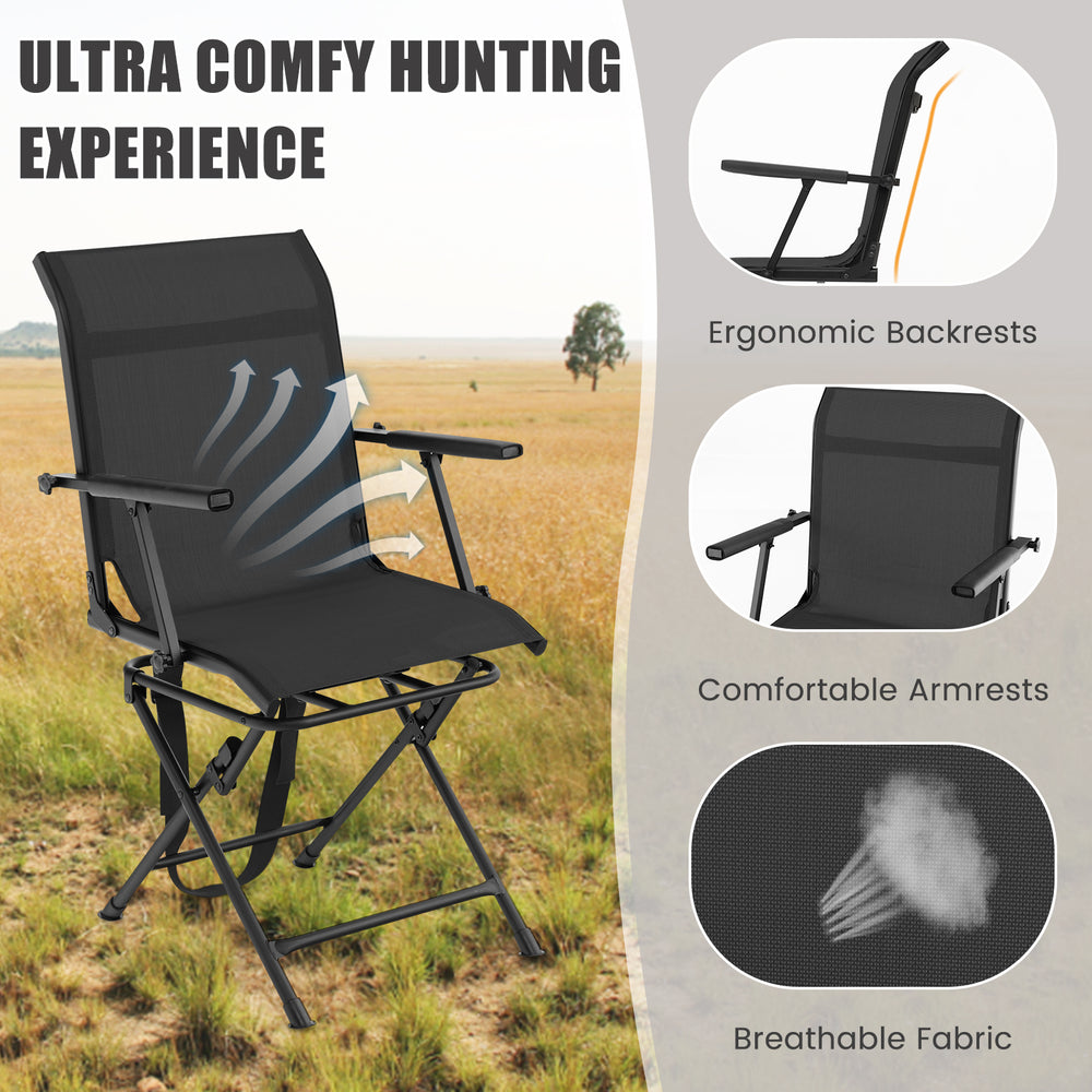 Foldable swivel patio chair with armrest and breathable mesh back, designed for outdoor comfort and stability.