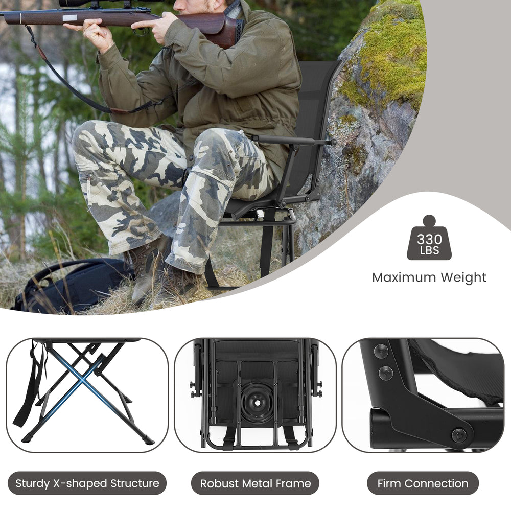 Foldable swivel patio chair with armrest, black mesh back, sturdy steel frame, ideal for outdoor hunting and stability.