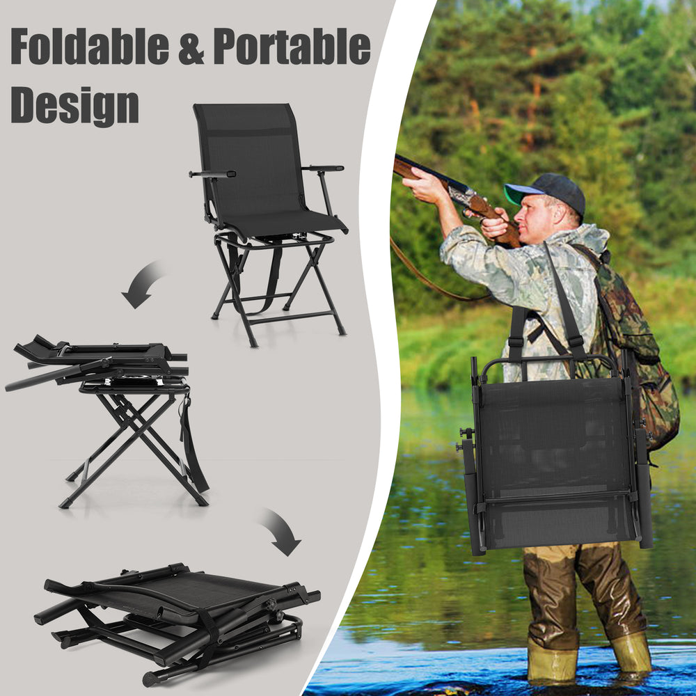 Foldable swivel patio chair with armrest, black mesh back, designed for outdoor use and easy portability.