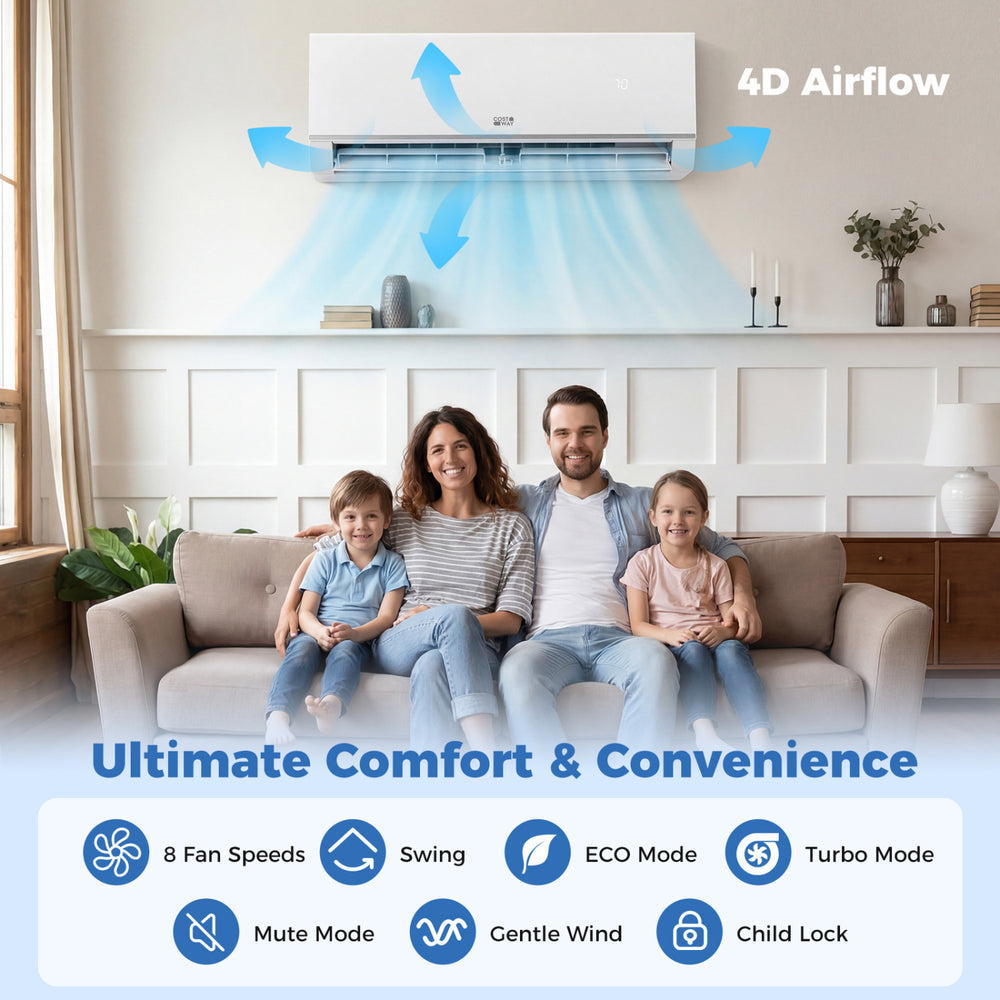 Mini split air conditioner with 4D airflow, 8 fan speeds, and WiFi control for year-round comfort and convenience.