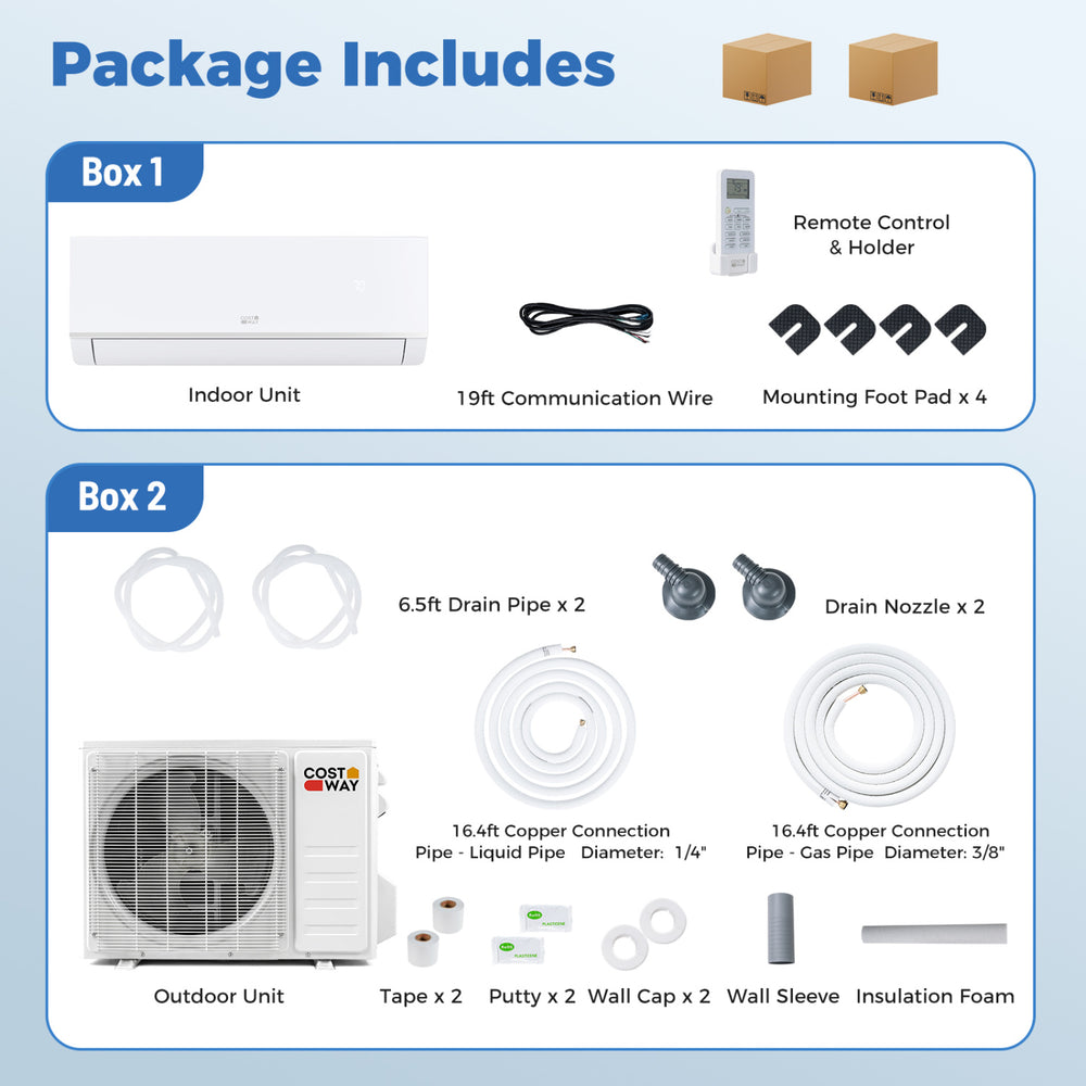 Indoor unit of the Blast Pro Series 12000 BTU mini split air conditioner with remote control and mounting accessories.