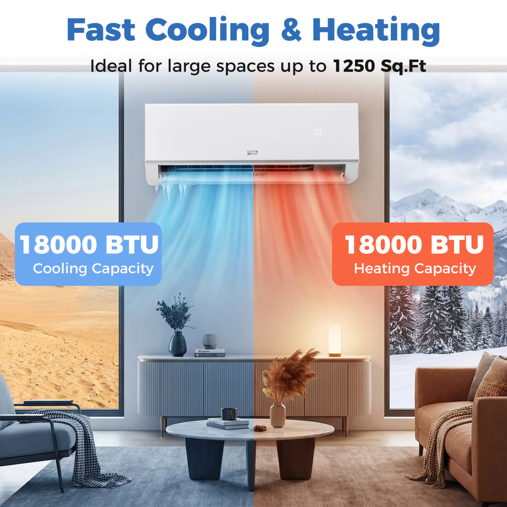 Mini split air conditioner and heater with 18000 BTU capacity, ideal for spaces up to 1250 sq. ft., featuring WiFi.