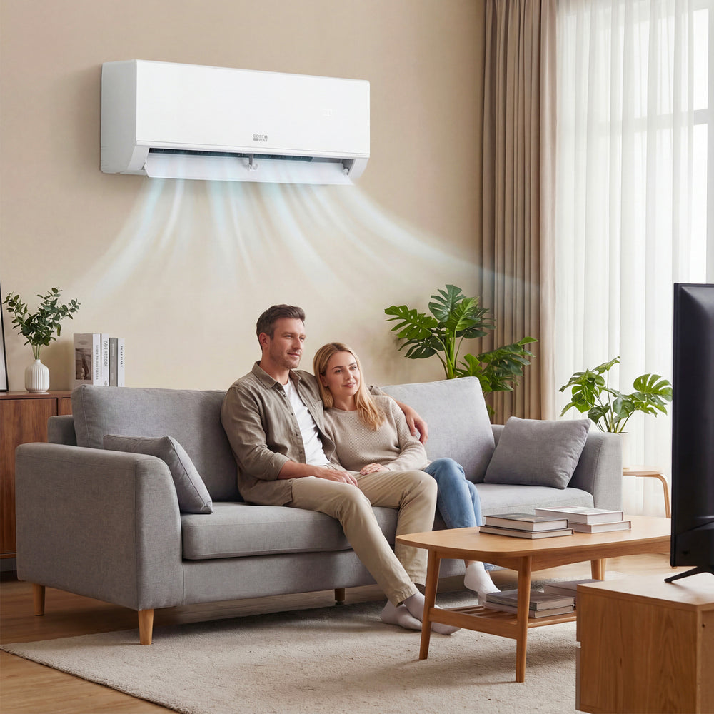 Mini split air conditioner and heater with inverter technology, shown in a cozy living room setting for year-round.