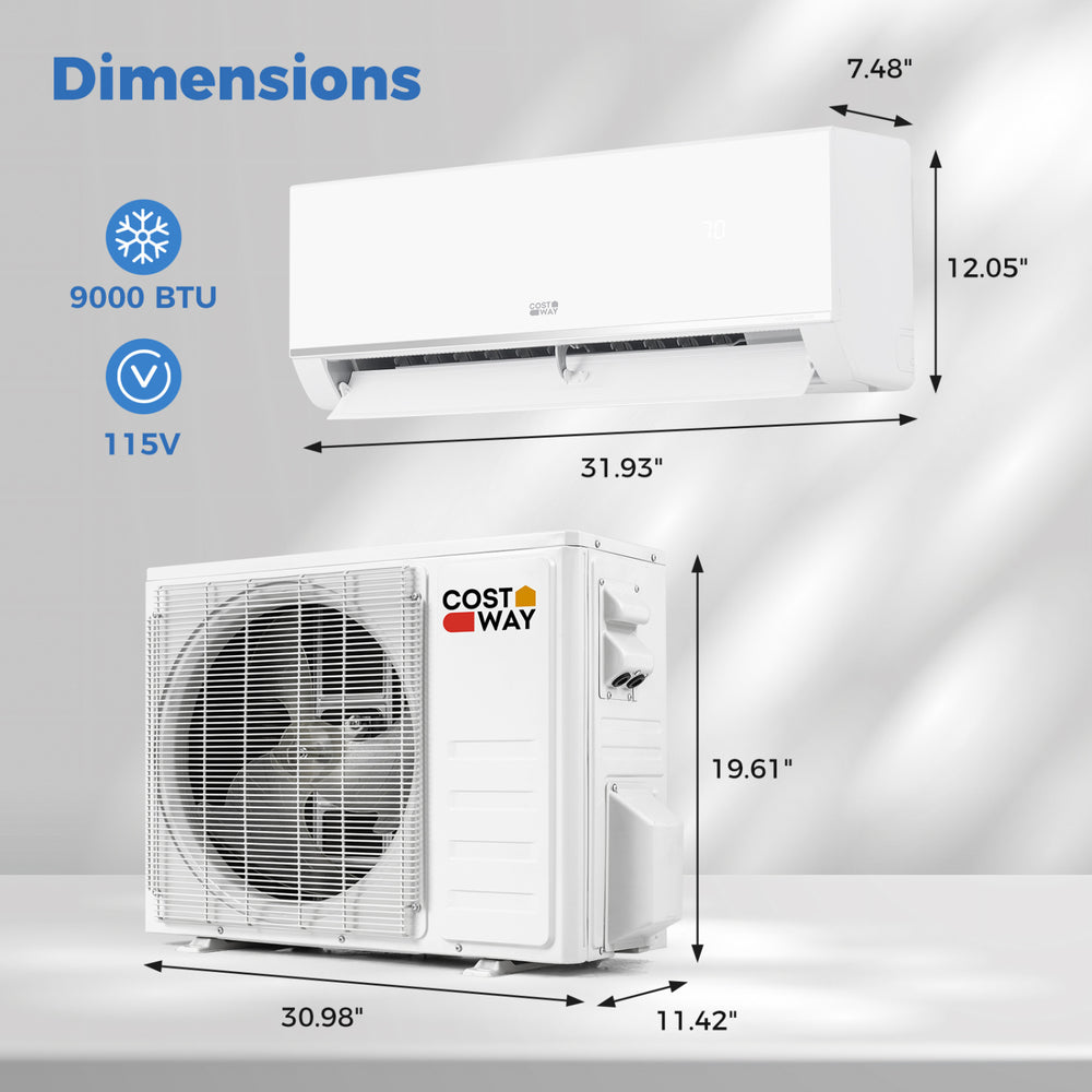 Mini split air conditioner and heater, 9000 BTU, 115V, with dimensions shown for efficient year-round comfort.