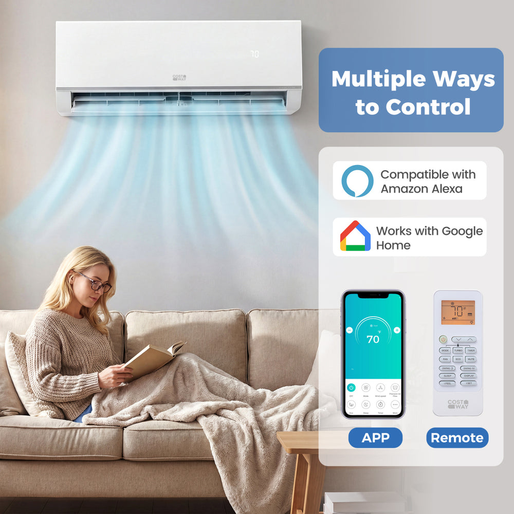Mini split air conditioner with remote and app control, featuring 9000 BTU, inverter technology, and 4D auto swing for.