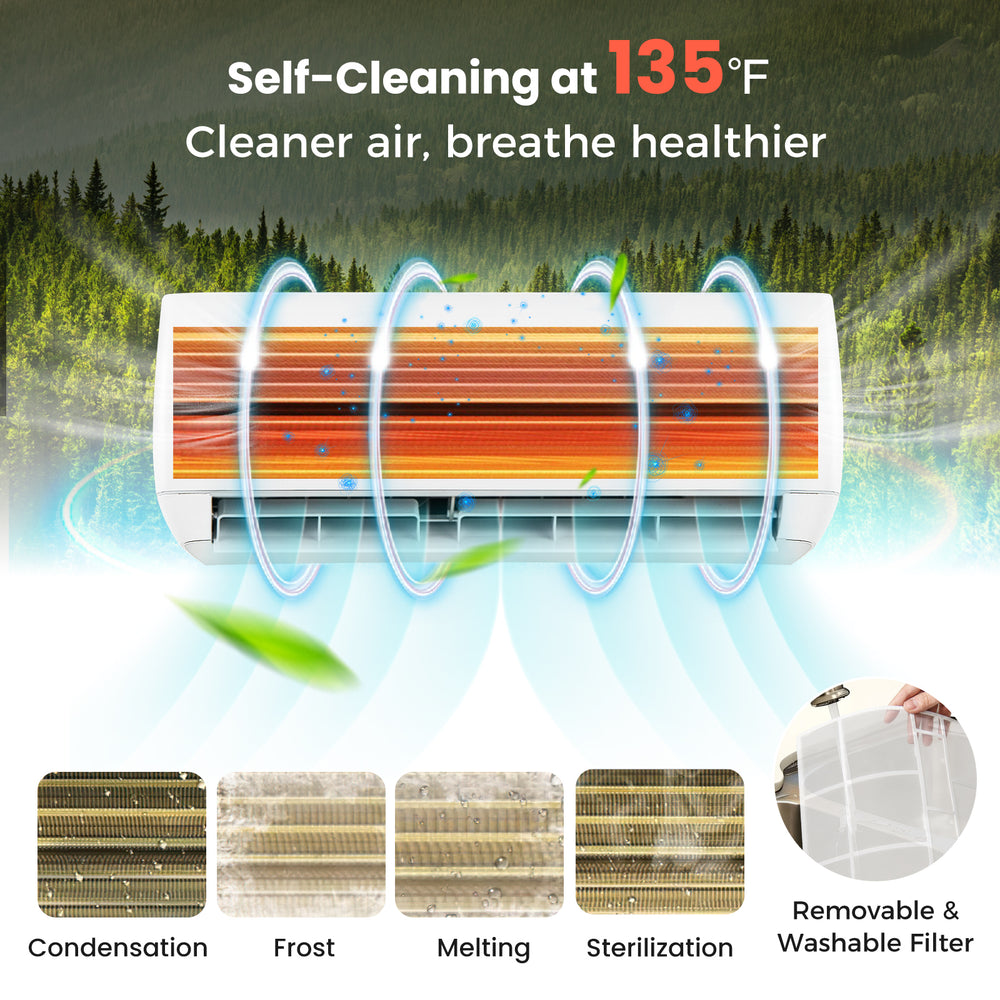 Ductless mini split air conditioner with self-cleaning feature, 9000 BTU, for efficient cooling and heating in 450.
