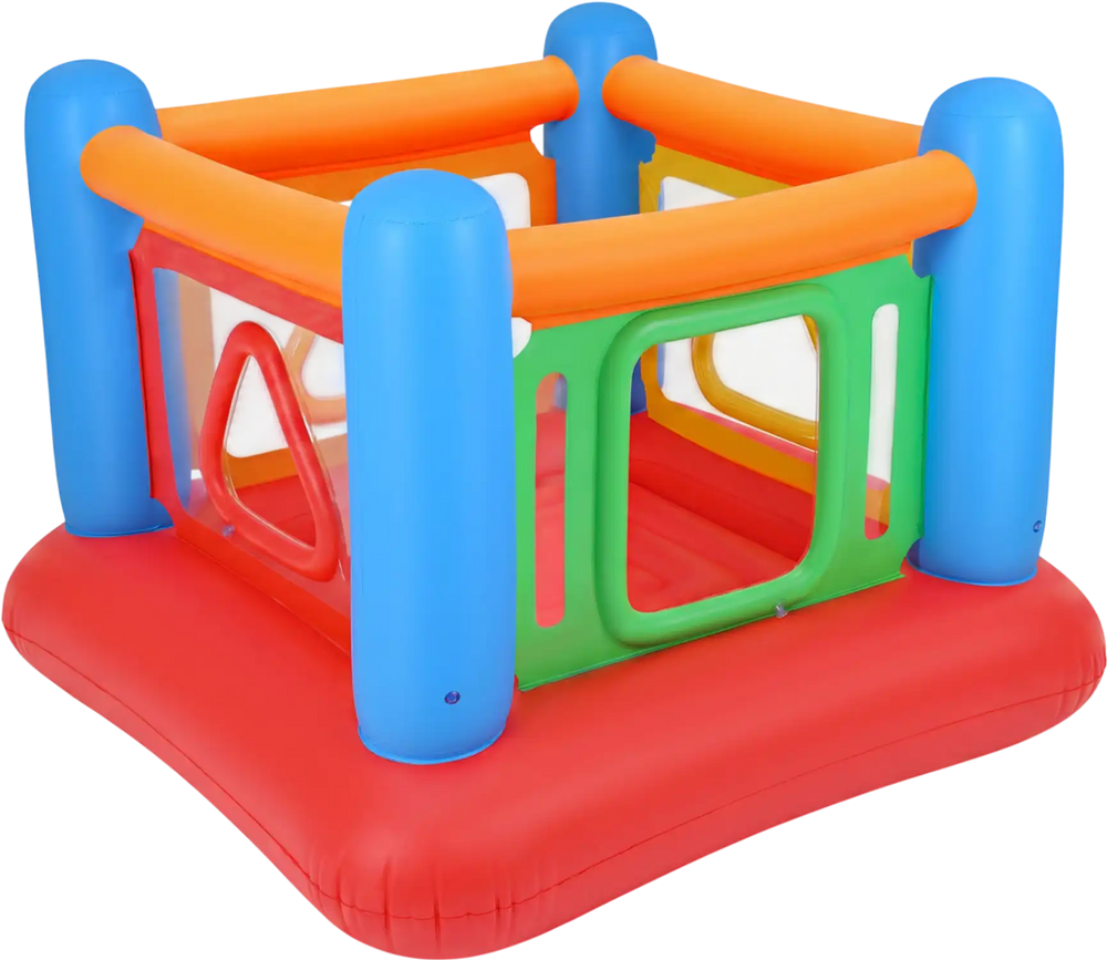 Inflatable jumping house for kids with transparent side walls, made of thick PVC, suitable for indoor and outdoor play.