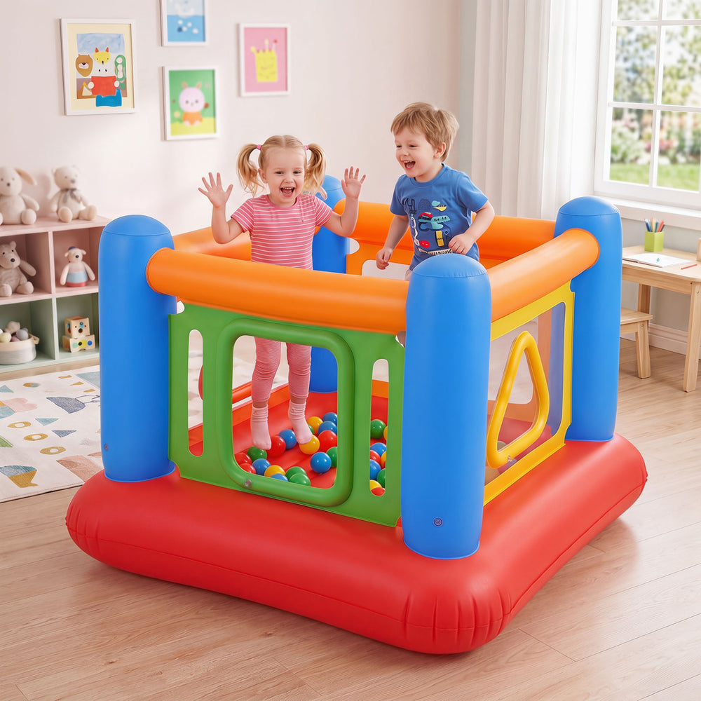 Colorful inflatable jumping house for kids with transparent side walls, perfect for indoor and outdoor play.
