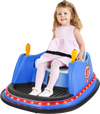 Blue 12V electric kids ride-on bumper car with flashing lights, adjustable safety belt, and dual joysticks for toddlers.