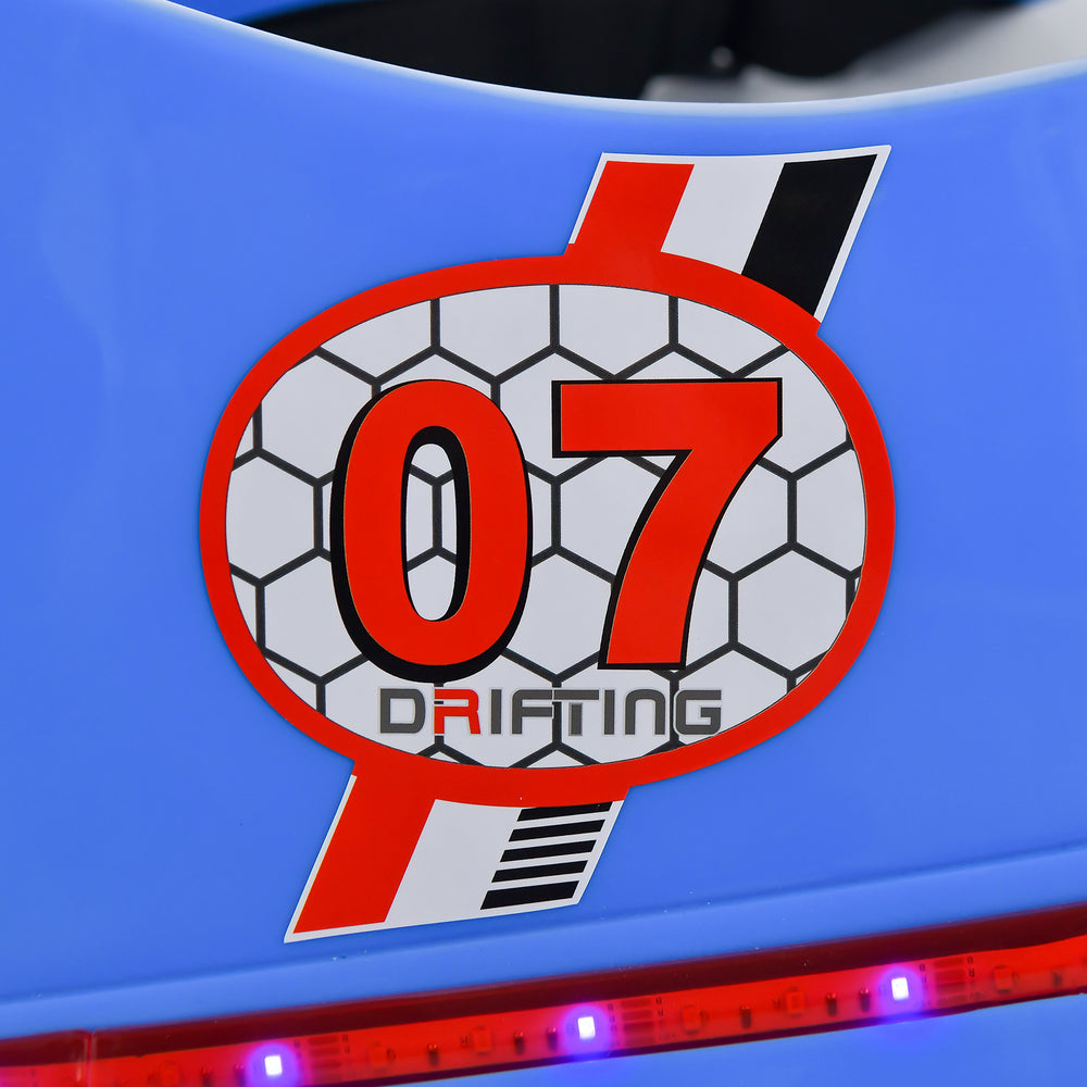 Exquisite sticker detail featuring "07 DRIFTING" on the blue 12V Electric Kids Ride On Bumper Car with flashing lights.